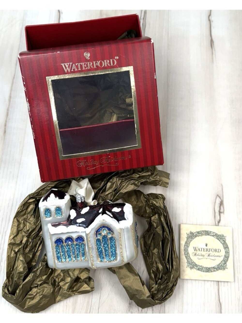 WATERFORD Holiday Heirlooms Hand Blown Glass LISMORE CHURCH Ornament w/ Box EUC